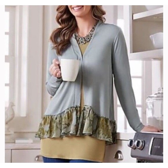 LOGO by Lori Goldstein  Cardigan with printed chiffon trim Size Medium Womens - Picture 2 of 10
